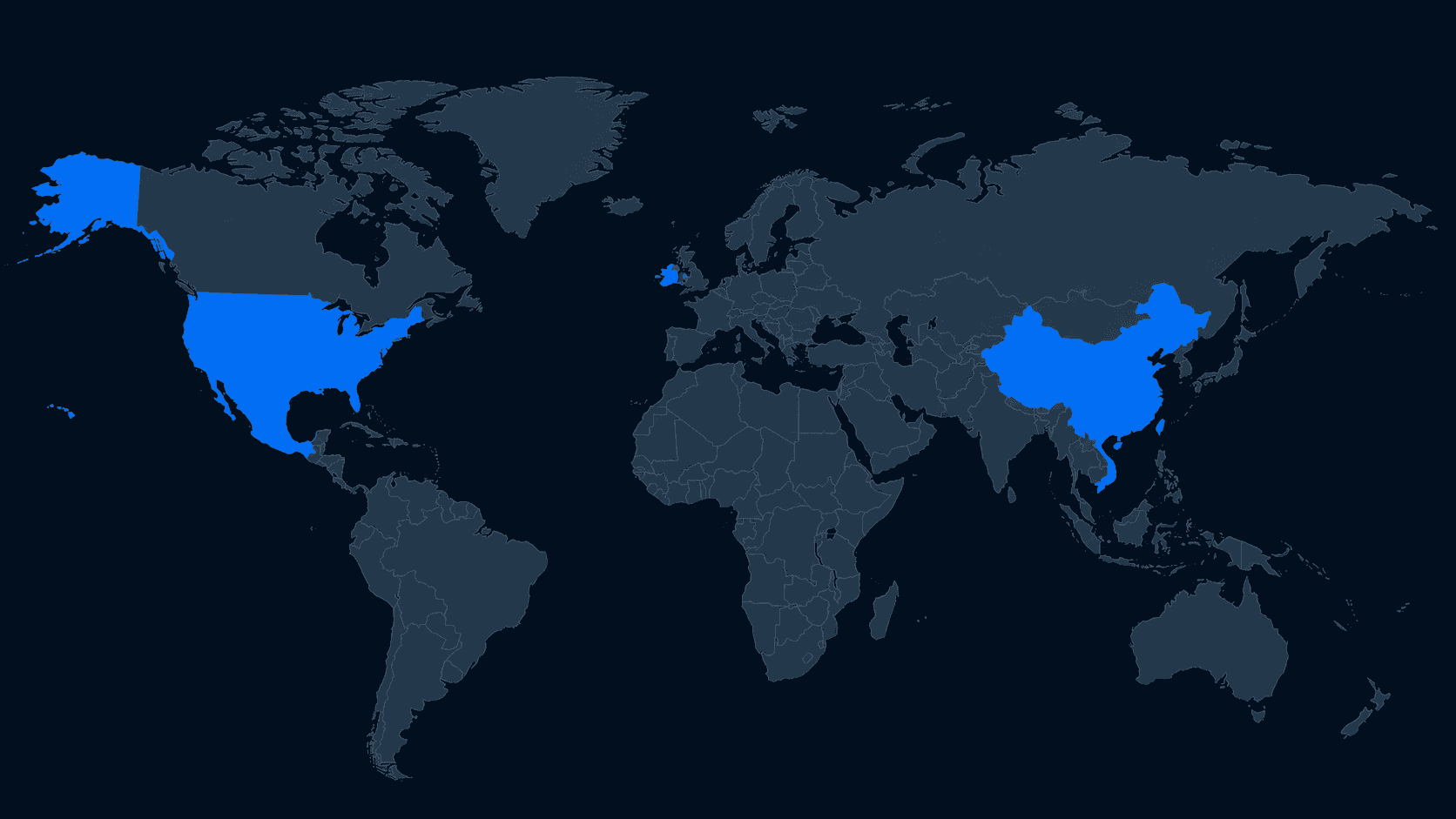 World map highlighting Long Victory service areas in the United States, Mexico, Ireland, China, Taiwan and Vietnam